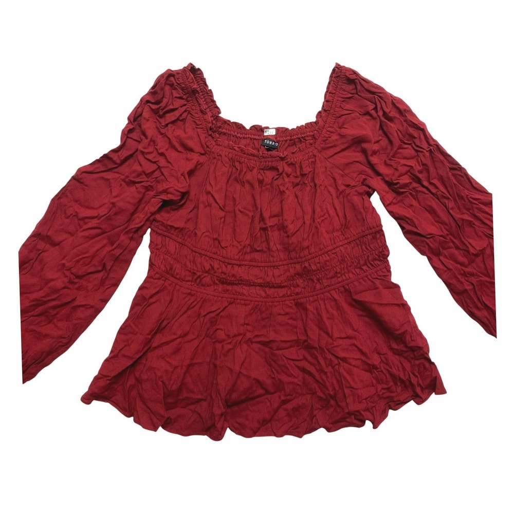 Torrid Blouse Women's 2X Red Rayon Slub Waist Detail Blouson Sleeve Top $55 NWT